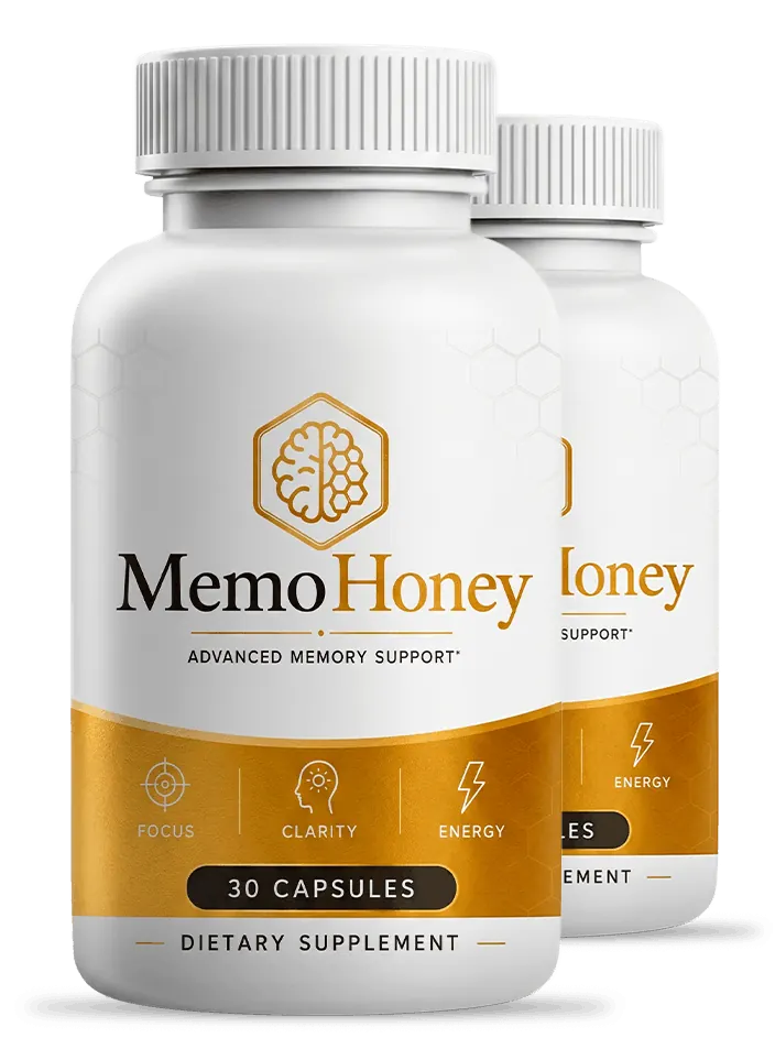 Two bottles of MemoHoney cognitive wellness supplement