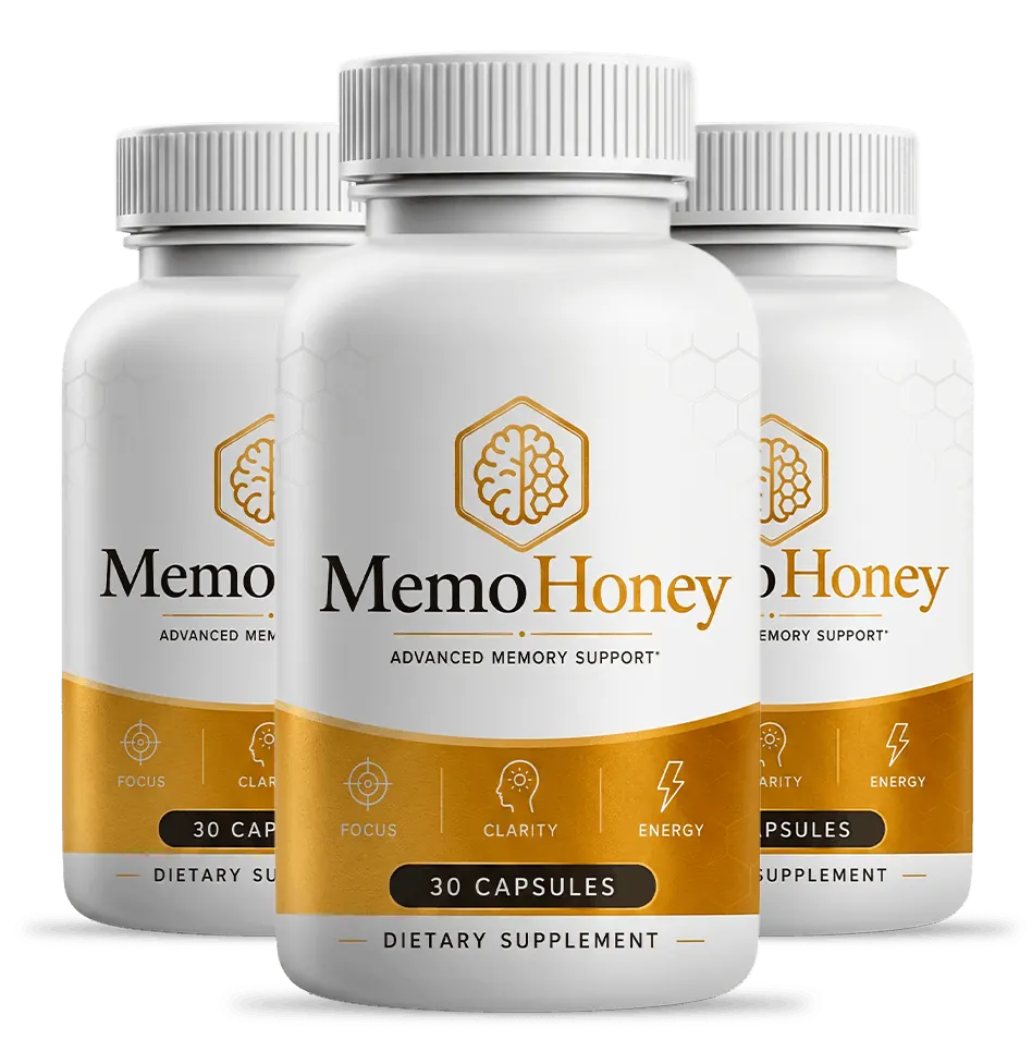 Three bottles of the MemoHoney memory and mental clarity supplement