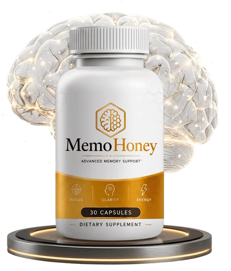 A bottle of MemoHoney advanced memory support dietary supplement, 30 capsules